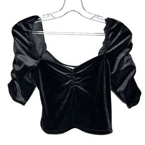 AND NOW THIS Black Velvet Crop XS Ruched Puff Sleeve Square Neck Cropped